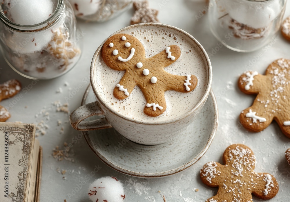 Cozy Gingerbread Man Cookie Resting on a Hot Cup of Creamy Beverage Surrounded by Festive Treats and Decorative Elements for a Warm Holiday Vibe Cozy Gingerbread Man Cookie Resting on a Hot Cup of Creamy Beverage Surrounded by Festive Treats and Decorative Elements for a Warm Holiday Vibe