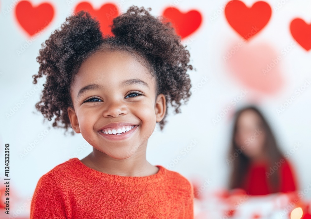 Joyful Child at Festive Community Event with Heart Decorations Joyful Child at Festive Community Event with Heart Decorations
