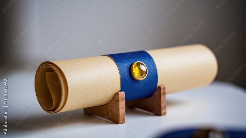 A rolled-up parchment document secured with a blue leather band and displayed on a wooden stand. A rolled-up parchment document secured with a blue leather band and displayed on a wooden stand.