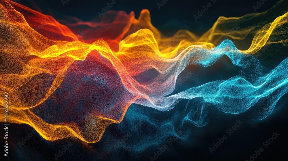 Abstract colorful wave pattern with smooth flowing lines in vibrant red, orange, yellow, and blue hues creating a dynamic and modern visual impact