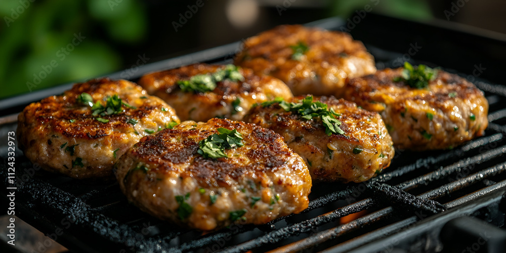 Juicy Grilled Burger Patties with Fresh Herbs on Barbecue Grill Juicy Grilled Burger Patties with Fresh Herbs on Barbecue Grill