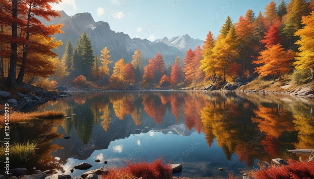 Naklejka premium The vibrant colors of autumn as they reflect on the calm surface of a serene lake, sunny day, orange leaves, water reflection