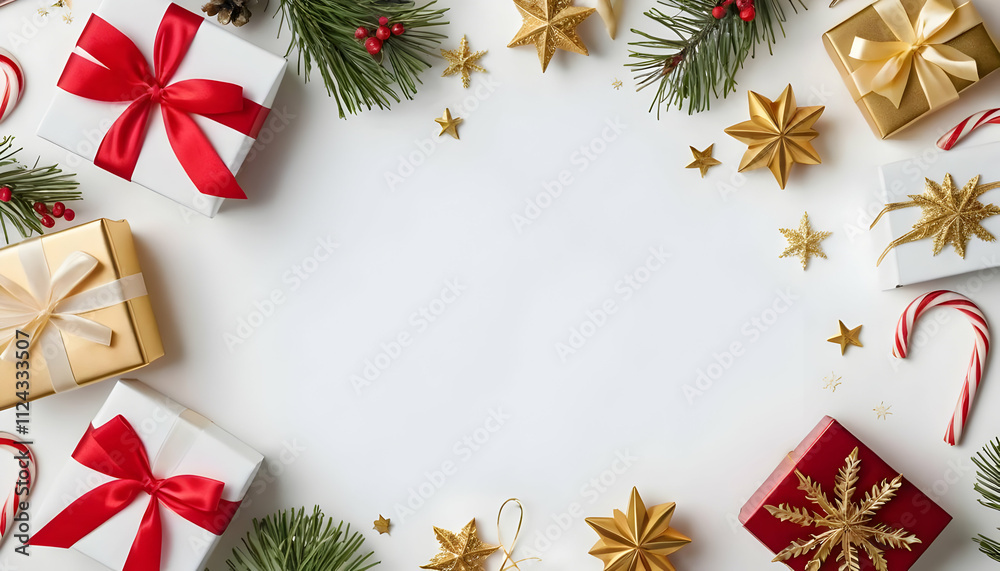 Christmas and New Year holiday background. Xmas greeting card. Christmas gifts on white background top view. Noel. Flat lay/A festive flat lay featuring Christmas and New Year elements on a white Christmas and New Year holiday background. Xmas greeting card. Christmas gifts on white background top view. Noel. Flat lay/A festive flat lay featuring Christmas and New Year elements on a white