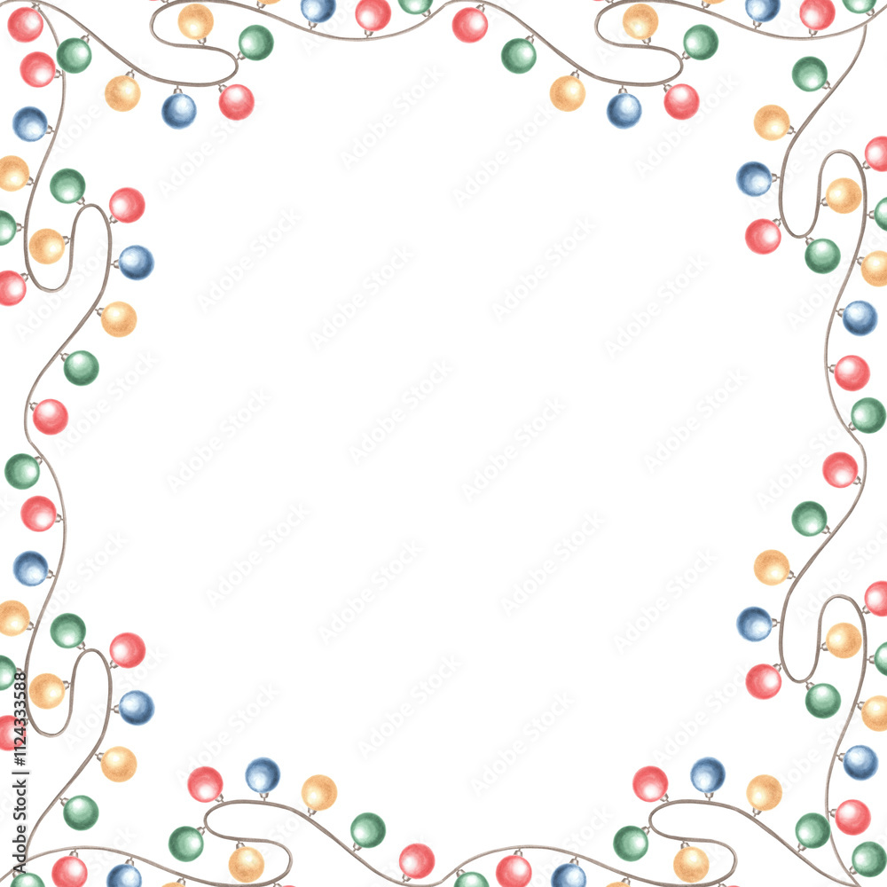 Garland from Christmas lights. Template postcard with copy space. Hand drawn watercolor illustration isolated. Glowing bulbs hanging on a string. Winter holiday background for card, textile, wrapping. Garland from Christmas lights. Template postcard with copy space. Hand drawn watercolor illustration isolated. Glowing bulbs hanging on a string. Winter holiday background for card, textile, wrapping.