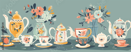 Detailed illustration of a vintage tea party with ornate teapots, cups, and saucers, flat, vector illustration, vintage hand drawn.