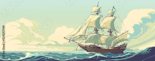 Detailed illustration of an old sailing ship on the high seas, capturing a sense of adventure, flat, vector illustration, Vintage hand drawn.