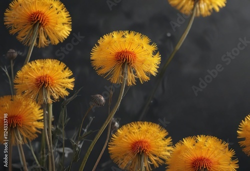 Vibrant yellow and orange hues of abstract dandelion flowers on a dark gray background , DarkGrayBackground, ColorBlockFlowers photo