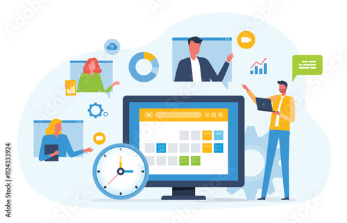 Flat vector illustration design Business online planning concept and group people team working with digital online calendar. business team video conference meeting concept.
