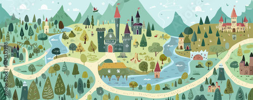 Detailed map of a whimsical fairy tale kingdom with castles, forests, and rivers, flat, vector illustration, vintage hand drawn.