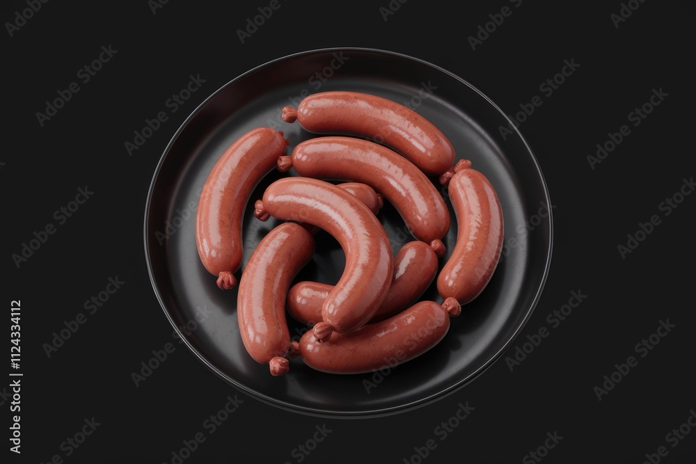 A black plate holds eight plump, cooked sausages, arranged in a circular pattern. A black plate holds eight plump, cooked sausages, arranged in a circular pattern.