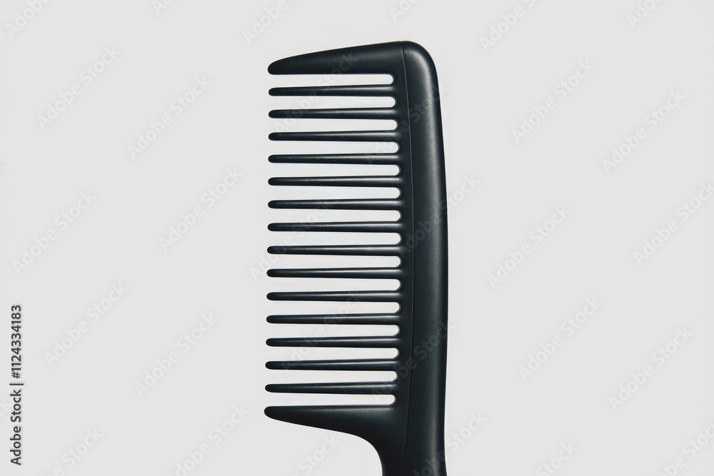 A dark-colored plastic comb with fine teeth, isolated on a white background. A dark-colored plastic comb with fine teeth, isolated on a white background.