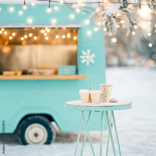 Festive Food Truck in Winter Wonderland Urban Holiday Cuisine and Celebration Under Christmas Lights, Ideal for Christmas, Hanukkah, and New Years photo