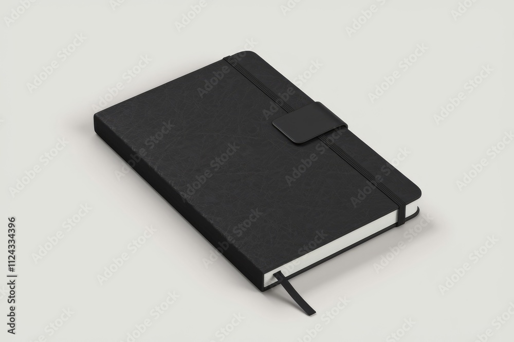 A closed black leather notebook with an elastic band closure sits on a light gray surface. A closed black leather notebook with an elastic band closure sits on a light gray surface.