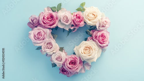 Romantic Heart-Shaped Flower Wreath on Pastel Blue Background