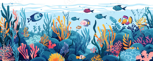 Detailed underwater scene with various marine life like fish, corals, and seaweed, flat, vector illustration, Sketch.
