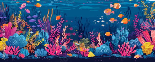 Detailed underwater scene with various marine life like fish, corals, and seaweed, flat, vector illustration, Sketch.