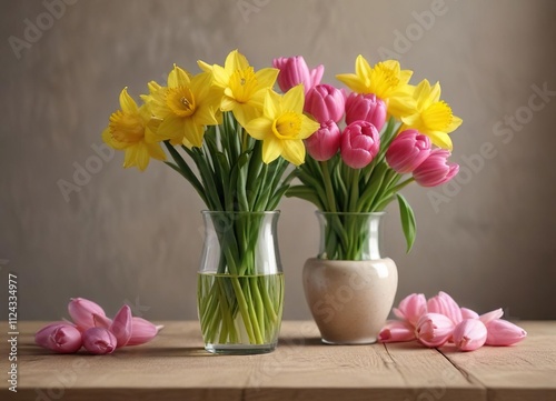 Wallpaper Mural Yellow daffodils and pink tulips in a small vase , colorful blooms, fresh cut flowers, yellow daffodils Torontodigital.ca