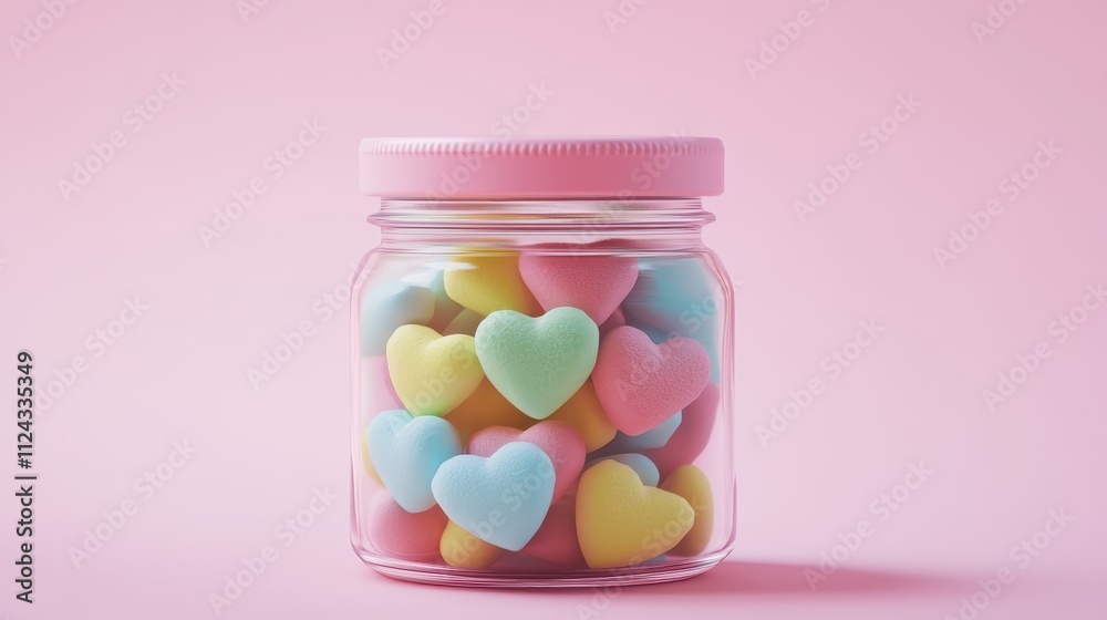 Colorful Heart-Shaped Candies in a Glass Jar on a Pink Background Colorful Heart-Shaped Candies in a Glass Jar on a Pink Background