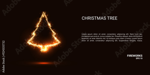 Christmas tree. A Christmas tree consists of sparks and fire. Festive bright fireworks. Decorative element for celebrations and holidays. Vector illustration.