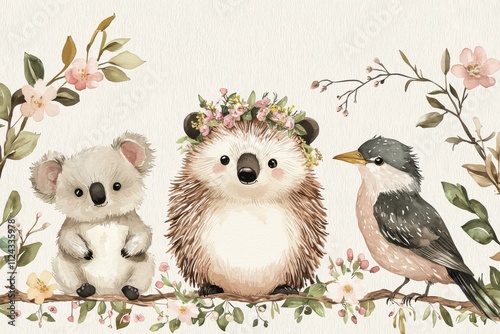 Whimsical illustration featuring a koala, hedgehog, and bird surrounded by delicate flowers. photo