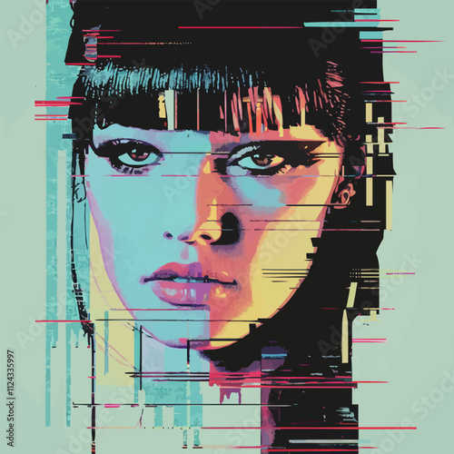 Digital glitch portrait with pixelated effects and distorted features, flat portrait, vector illustration.