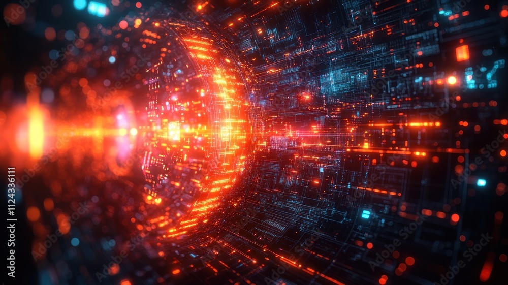 Abstract digital landscape with glowing circuits and energy flow. Abstract digital landscape with glowing circuits and energy flow.