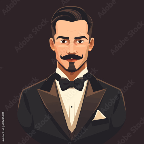 Distinguished gentleman in a classic tuxedo with a bow tie, flat portrait, vector illustration.