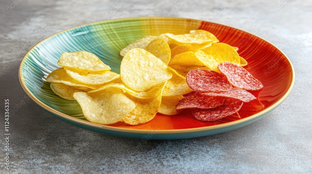Colorful Plate with Crunchy Potato Chips and Salty Snack Slices Perfect for Parties and Gatherings, Showcasing Bright Colors and Tasty Treats Colorful Plate with Crunchy Potato Chips and Salty Snack Slices Perfect for Parties and Gatherings, Showcasing Bright Colors and Tasty Treats