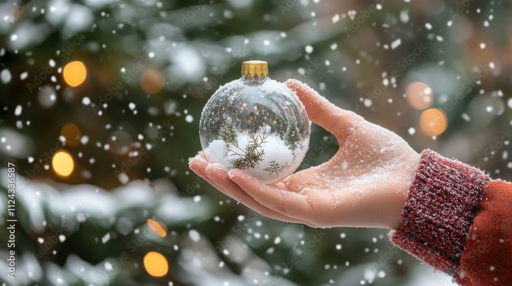 Naklejka premium Women hands decorate the Christmas tree with Glass balls and snow falling in winter garden,Hands decorating christmas tree with stylish bauble,Winter holidays preparation,Merry Christmas,copy space.