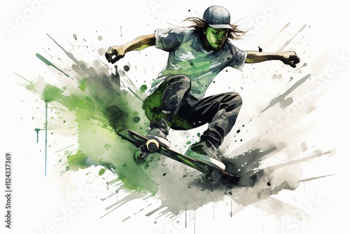 watercolor green and black illustration of a skateboarder