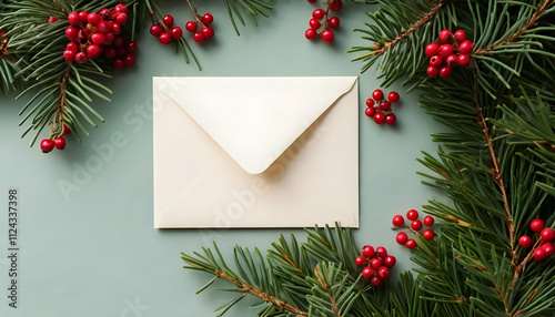 Overhead view of a blank card and envelope on fir branches and berries. An overhead composition featuring a blank card and envelope nestled among fir branches and red berries, 
