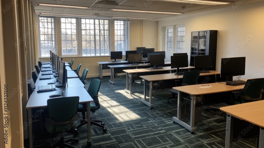 Sunlit computer lab with rows of desks, chairs, and monitors. Sunlit computer lab with rows of desks, chairs, and monitors.