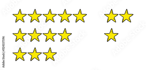 Rating 1, 2, 3, 4, 5 stars doodle icon set. Gold star one, two, three, four, five hand drawn icon set. variable isolated stars rating