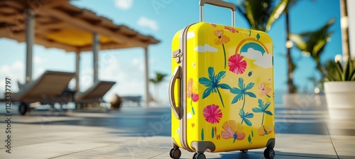 Vibrant Summer-Themed Sticker Mockup on Yellow Suitcase in Sunny Outdoor Travel Setting photo