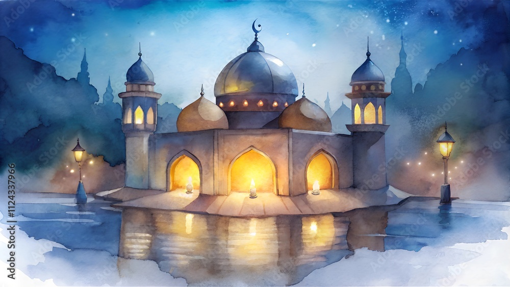Fototapeta premium serene mosque lit by glowing lanterns on a calm night watercolor sketch illustration