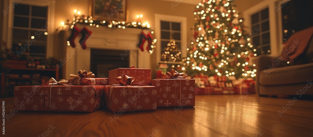 Cozy Winter Living Room with Christmas Tree, Gifts, and Warm Lighting, Featuring Traditional Decorations and a Welcoming Atmosphere for Holiday Celebrations Cozy Winter Living Room with Christmas Tree, Gifts, and Warm Lighting, Featuring Traditional Decorations and a Welcoming Atmosphere for Holiday Celebrations