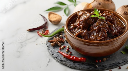 Typical Indonesian food rendang on a white background with copy space
