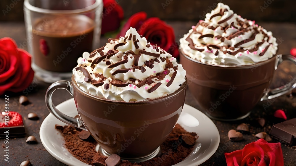 Creamy hot chocolate drink with white whipped cream, choco shavings. Valentine's day love red heart rose. Sweet warming beverage dessert treat Creamy hot chocolate drink with white whipped cream, choco shavings. Valentine's day love red heart rose. Sweet warming beverage dessert treat