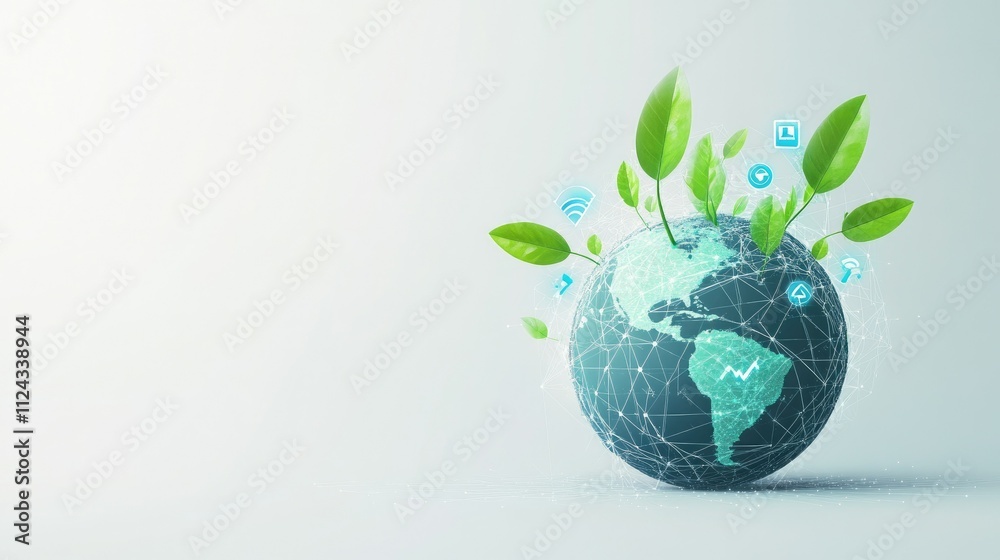 Visual Representation of a Global Network Emphasizing Environmental Sustainability with Green Leaves Emerging from the Earth to Symbolize Eco-Friendly Innovations and Practices Visual Representation of a Global Network Emphasizing Environmental Sustainability with Green Leaves Emerging from the Earth to Symbolize Eco-Friendly Innovations and Practices