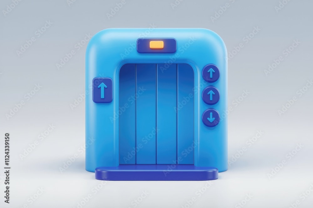 A cartoonish 3D rendering of a blue elevator with up and down buttons. A cartoonish 3D rendering of a blue elevator with up and down buttons.