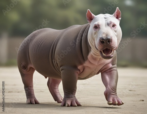 Hybrid animal between hippopotamus and bull terrier.