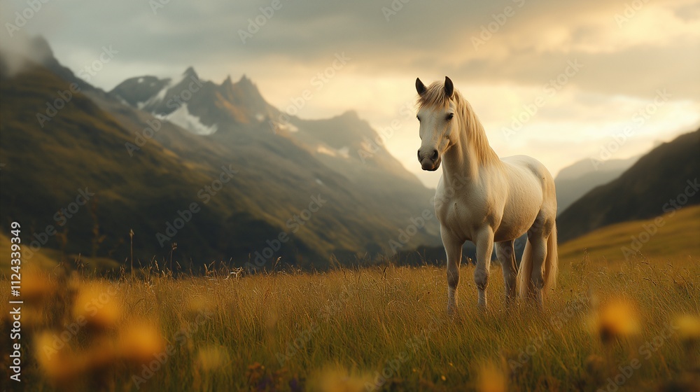Majestic White Unicorn Standing Gracefully in a Fairytale Landscape Surrounded by Lush Greenery and Majestic Mountains Under a Breathtaking Sky at Sunset Majestic White Unicorn Standing Gracefully in a Fairytale Landscape Surrounded by Lush Greenery and Majestic Mountains Under a Breathtaking Sky at Sunset