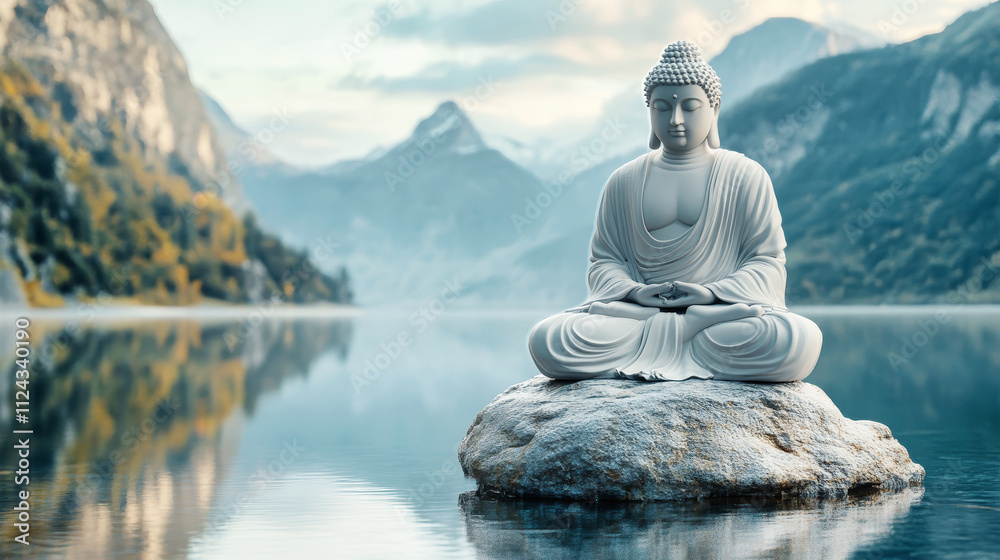 Tranquil Buddha statue resting on a rock in a serene lake embraced by majestic mountains at dawn Tranquil Buddha statue resting on a rock in a serene lake embraced by majestic mountains at dawn