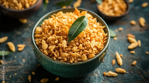 Golden Crispy Snack In A Bowl With Bay Leaf Garnish Surrounded By Crunchy Pieces On A Dark Rustic Tabletop