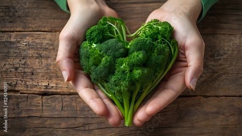 Heart shape fresh green vegetable broccoli & greens leaves hold by hands on wooden surface. Healthy clean nutritious eating,vegan food, sustainable living, eco-friendly lifestyle