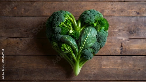 Heart shape fresh green vegetable broccoli & greens leaves on wooden surface. Healthy clean nutritious eating,vegan food, sustainable living, eco-friendly lifestyle
