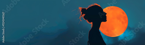 Silhouette of Woman and Blood Moon: A mysterious and evocative silhouette of a woman gazing at a large, vibrant blood moon. The teal night sky adds to the dramatic and atmospheric mood.  photo