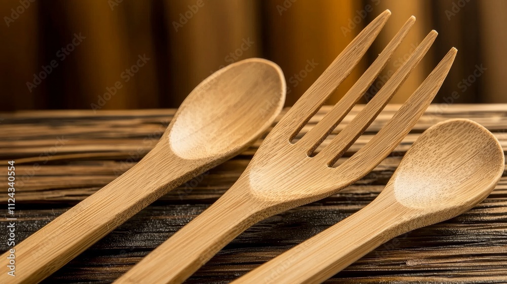 bamboo natural durable concept. Wooden utensils including a spoon, fork, and scoop on a rustic surface. bamboo natural durable concept. Wooden utensils including a spoon, fork, and scoop on a rustic surface.