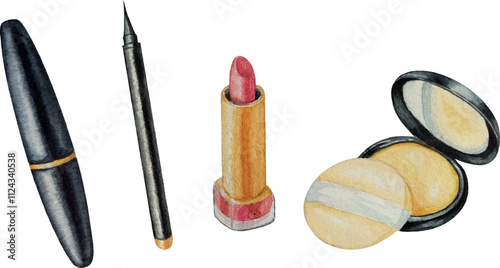 Vector powder lipstick and mascara. Make-up cosmetics set. Watercolor illustration. White background. For your design	