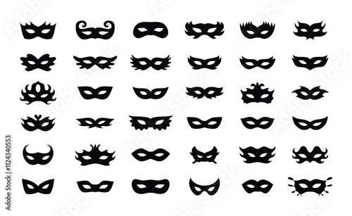 Carnival masks silhouettes icon set. Simple black icons masquerade mask, for party, parad, carnival, Halloween. Mask elements isolated sign, symbol